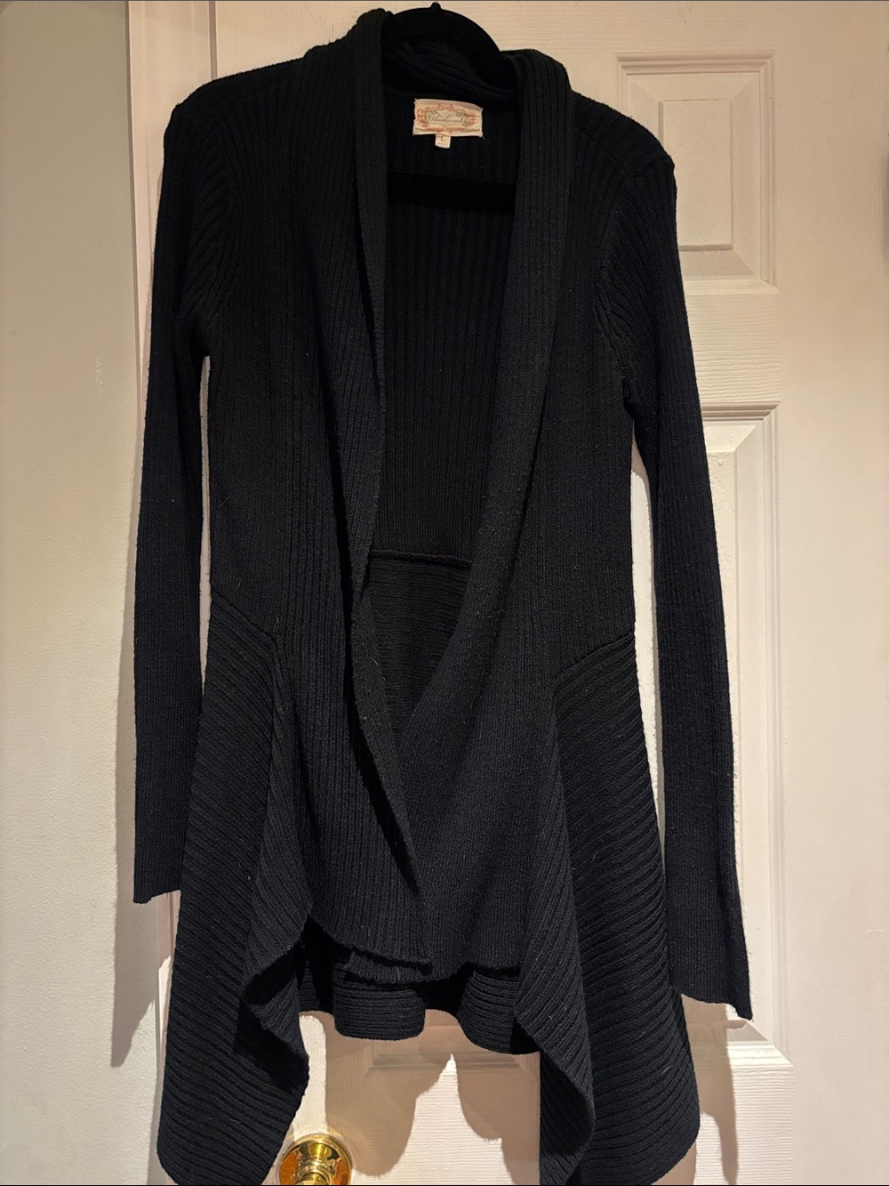 Ambiance Black Ribbed Draped Open-Front Cardigan